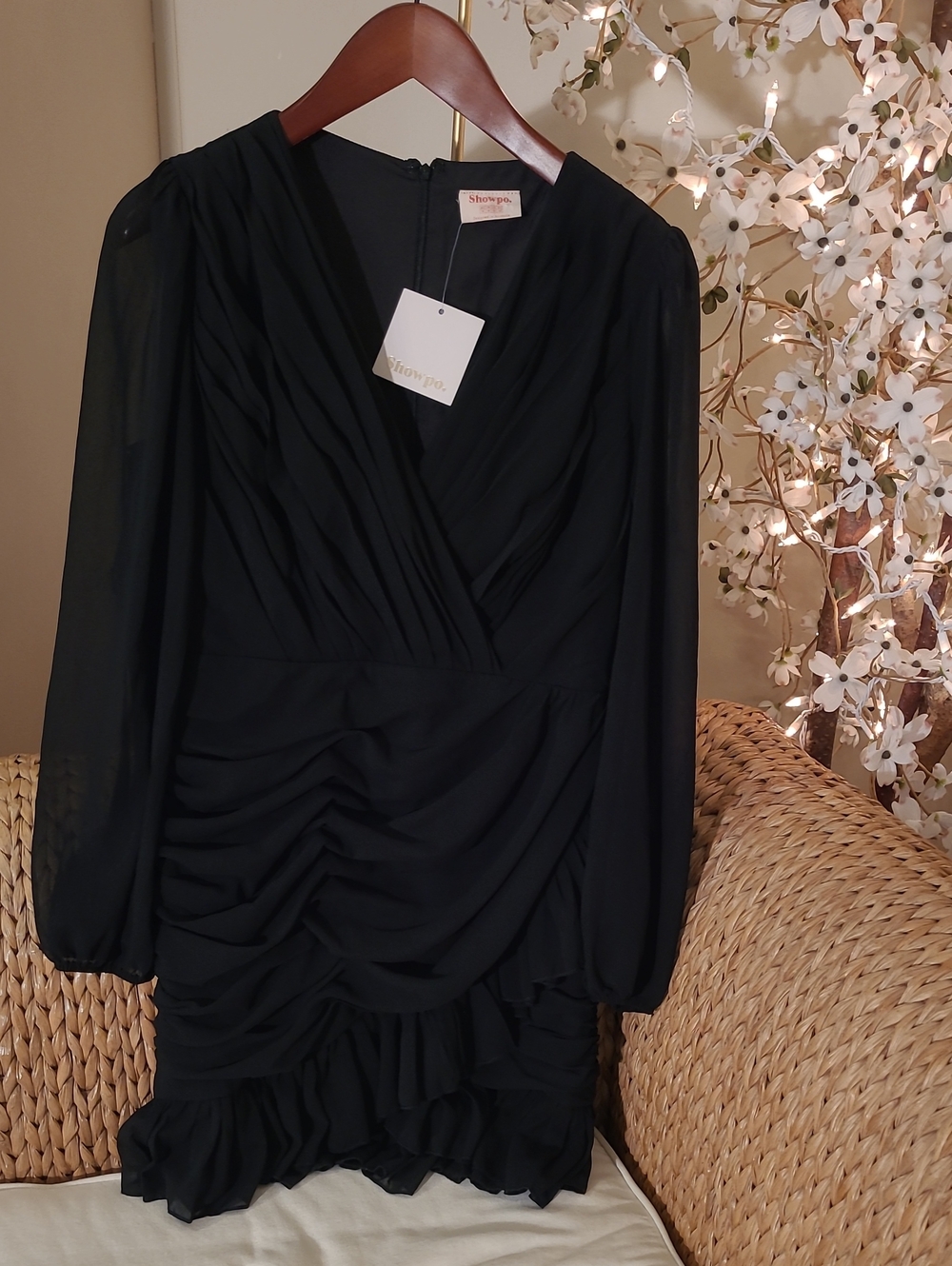NWT Women's Black Ruffled V-Neck Dress